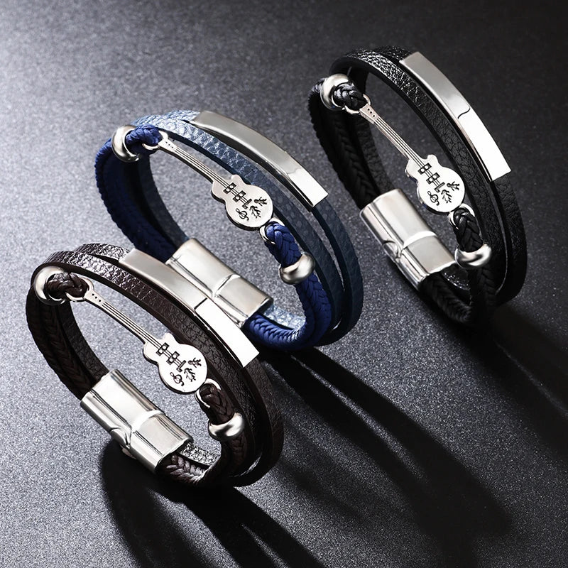 European American Fashion Punk Leather Bracelets Popular Guitar Magnetic Buckle Bracelet Fashion Layer Woven Bracelet