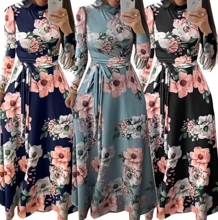 Plus Size Women's Boho Floral Print Maxi Dress Elegant Casual Party Dress with Long Sleeve Turtleneck Vintage Style Breathabl
