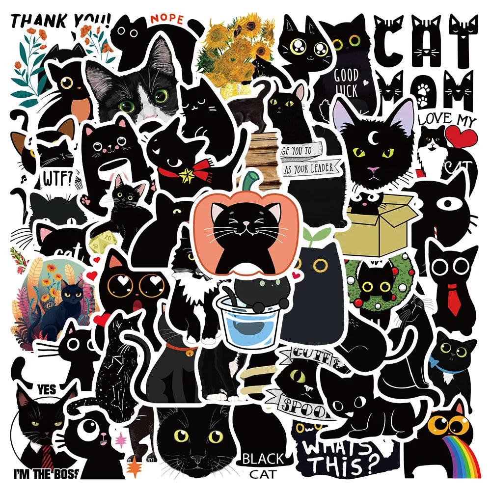 50Pcs Hot Black Cat Graffiti Stickers Decorative Label for Luggage Laptop Motorcycle Notebook Vinyl Waterproof Sticker