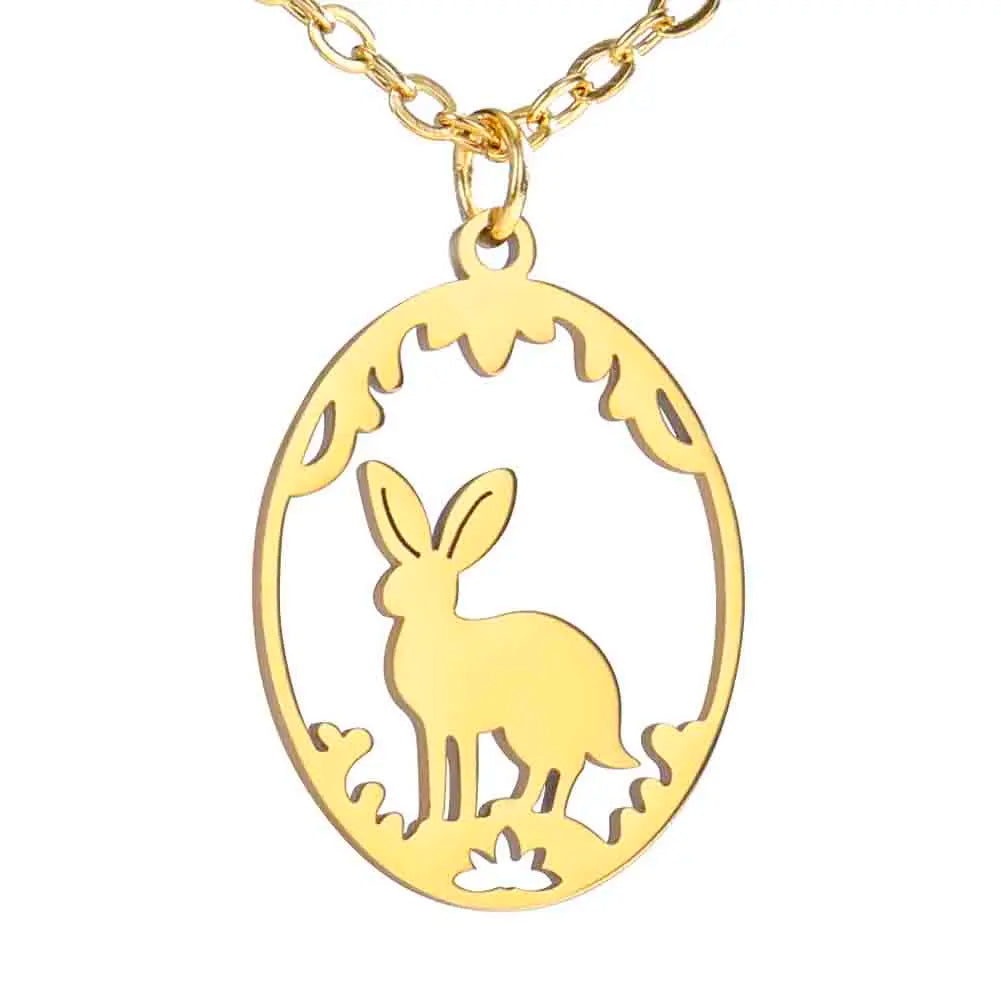 Hollow Out Rabbit Flower Oval Pendant Necklace Cute Fashion Stainless Steel Jewelry Necklaces Gifts for Women Girls