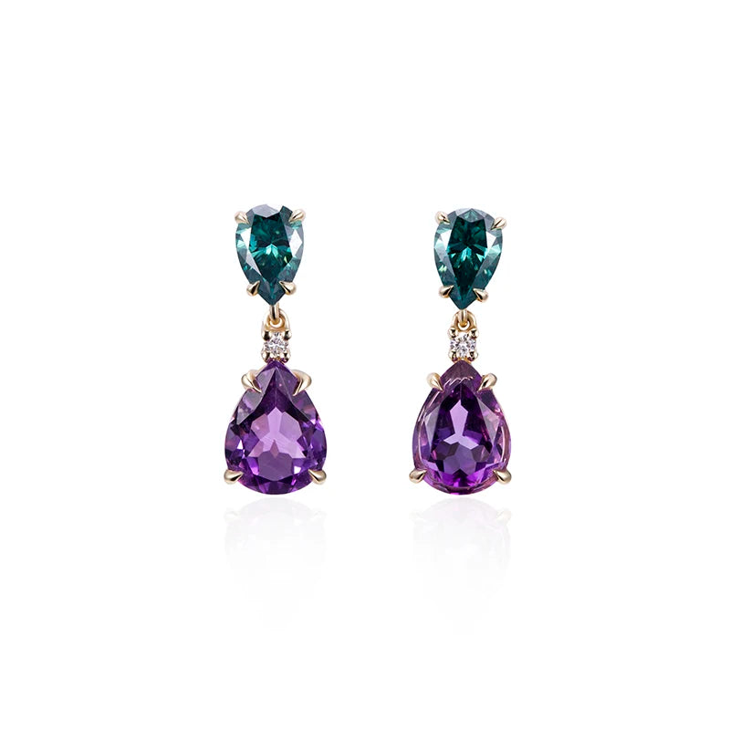 MSE-691 Green Sapphire Earrings Pink Sapphire 10K Yellow Gold Pear Cut Lab Grown Diamonds Stud Earrings