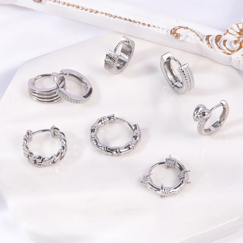 POENNIS Stainless Steel Jewelry Earrings in Colo Silver Threader Hypoallergenic Loop Circle Twist Retro Mens Hoop Earrings