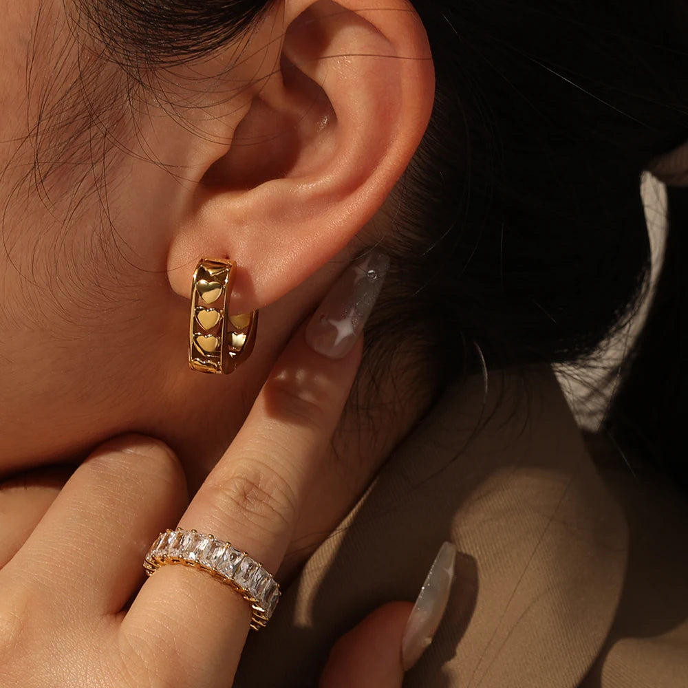 New Fashion Vintage Exquisite Elegant Geometric Daily Jewelry Stainless Steel Gold Plated Heart Square Hoop Earrings