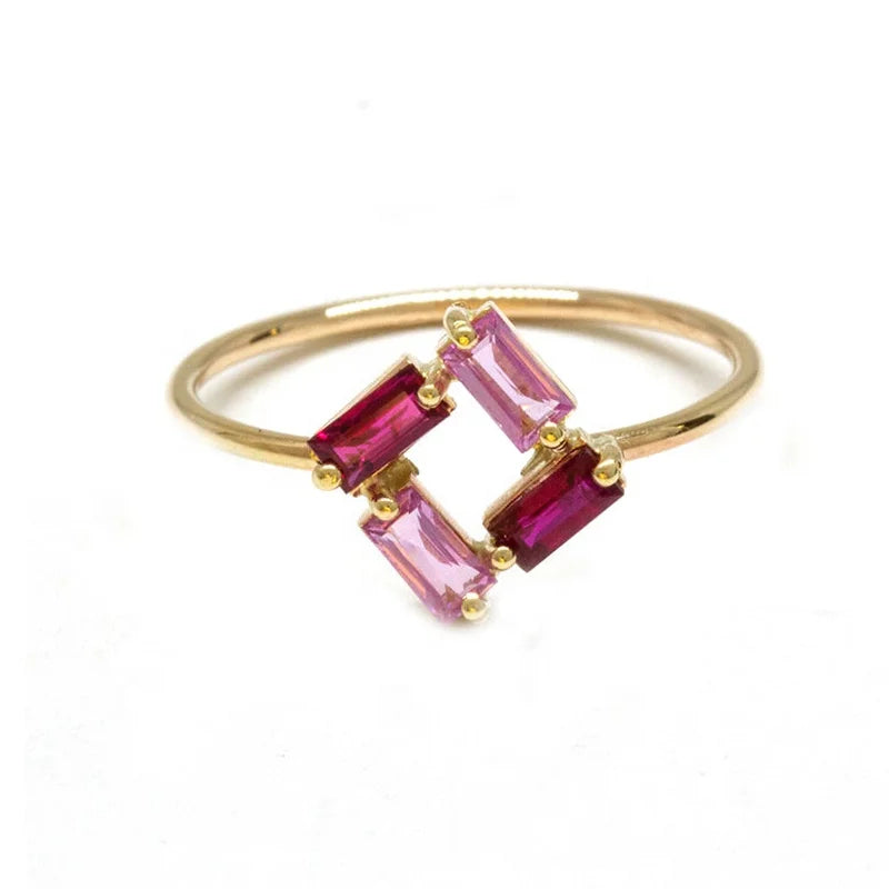 Milskye 18k Gold Plated Geometric Design Jewelry 925 Silver Ruby pink Crystal Rectangle Ring