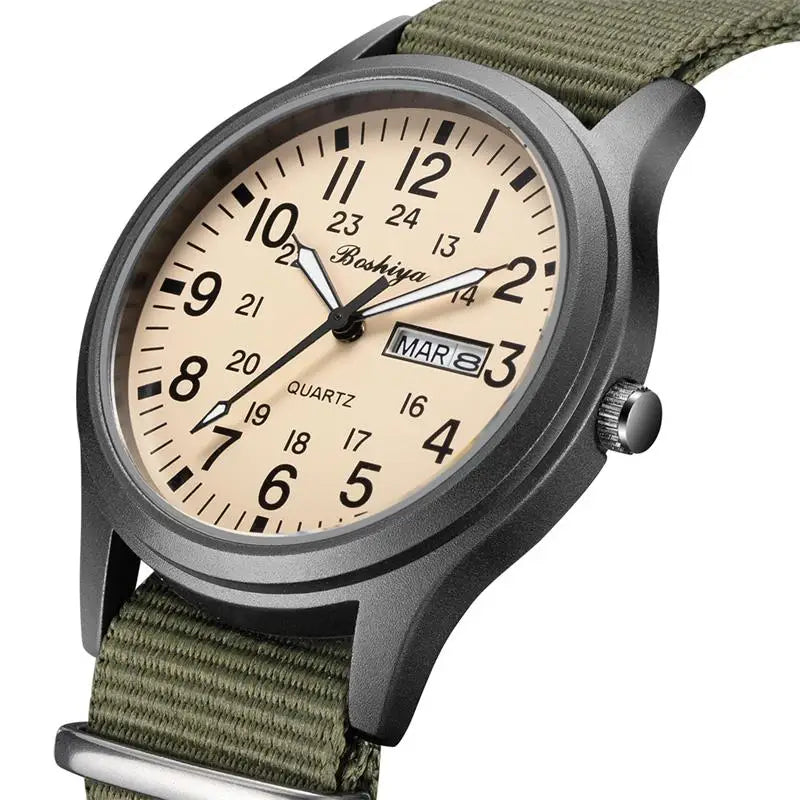 BOSHIYA Men's Minimalist Three Hand Quartz Field Watch Waterproof Outdoor Sports Nylon Strap Imported Alloy Glass Fashionable