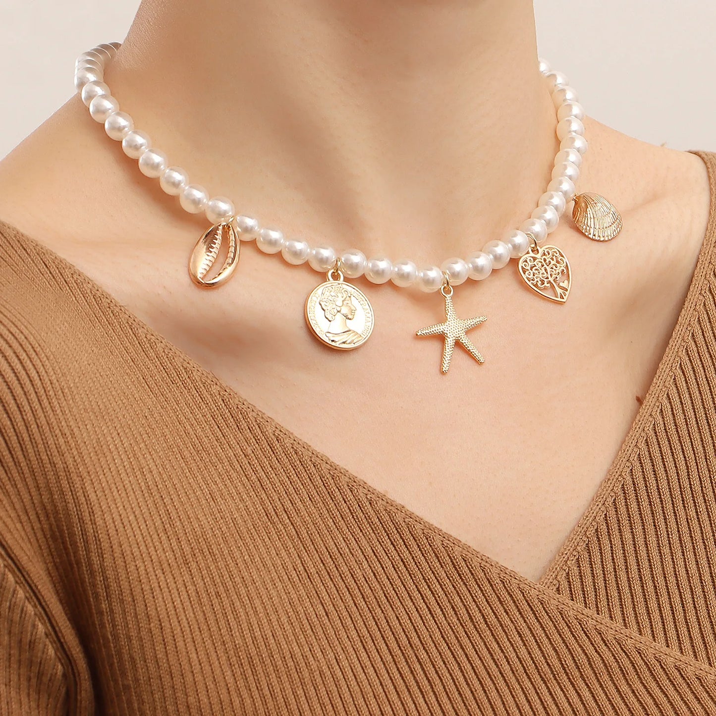 Bohemian Style Shell Starfish Heart Pearl Pendant Choker Necklace for Women Jewelry