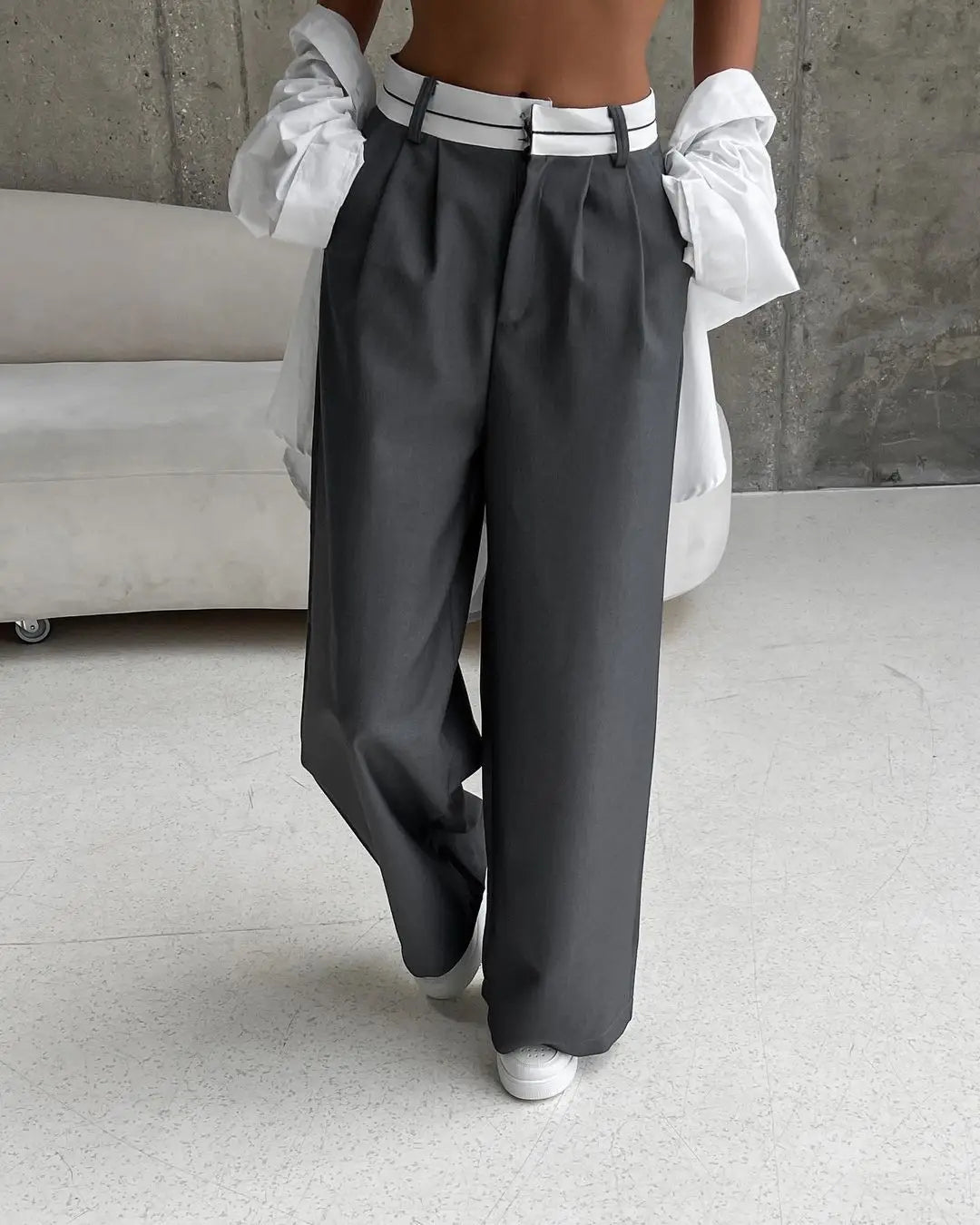 Elegant Minimalist New Chic Style S-2XL Work Leisure White Waist Pants Women Wide Leg Palazzo Trousers Ladies