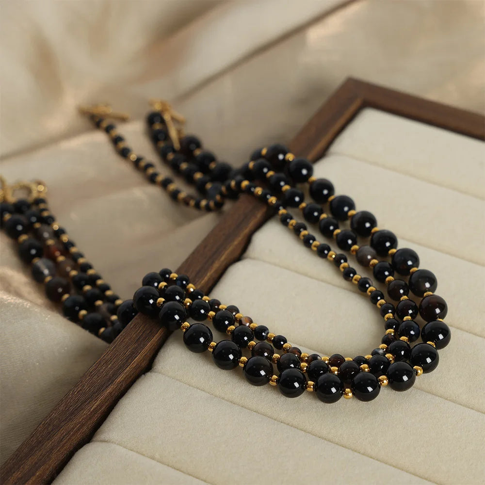 Bohemian Black Agate Natural Stone Beaded Necklace Stainless Steel Gold Plated OT Buckle Chokers Necklaces Colliers Femmes