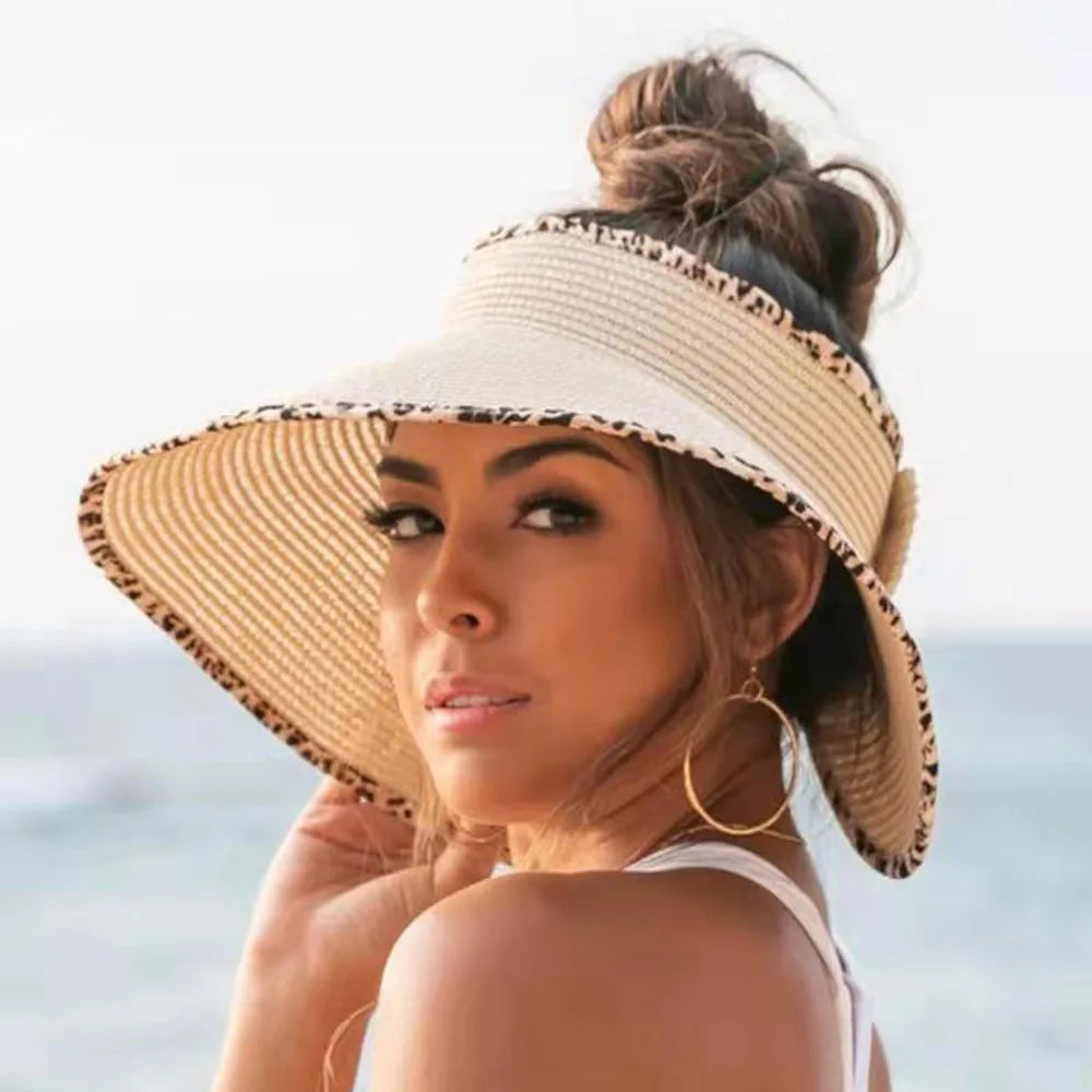 Foldable Leopard Trim Sun Protection Women Empty Top Hat Fashion New Shade Summer Straw Hat Sun Visor Cap