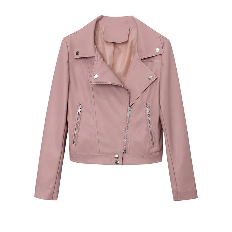2024 Autumn Winter Fashionable Waterproof PU Leather Jacket for Women Diagonal Placket Zipper Design Patchwork Motorcycle Sty