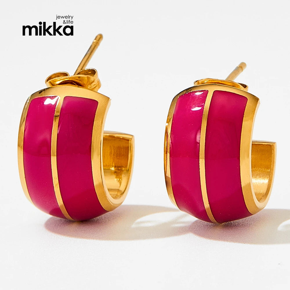INS Style 14K Gold Plating Stainless Steel c Shaped Enamel Earrings for Women