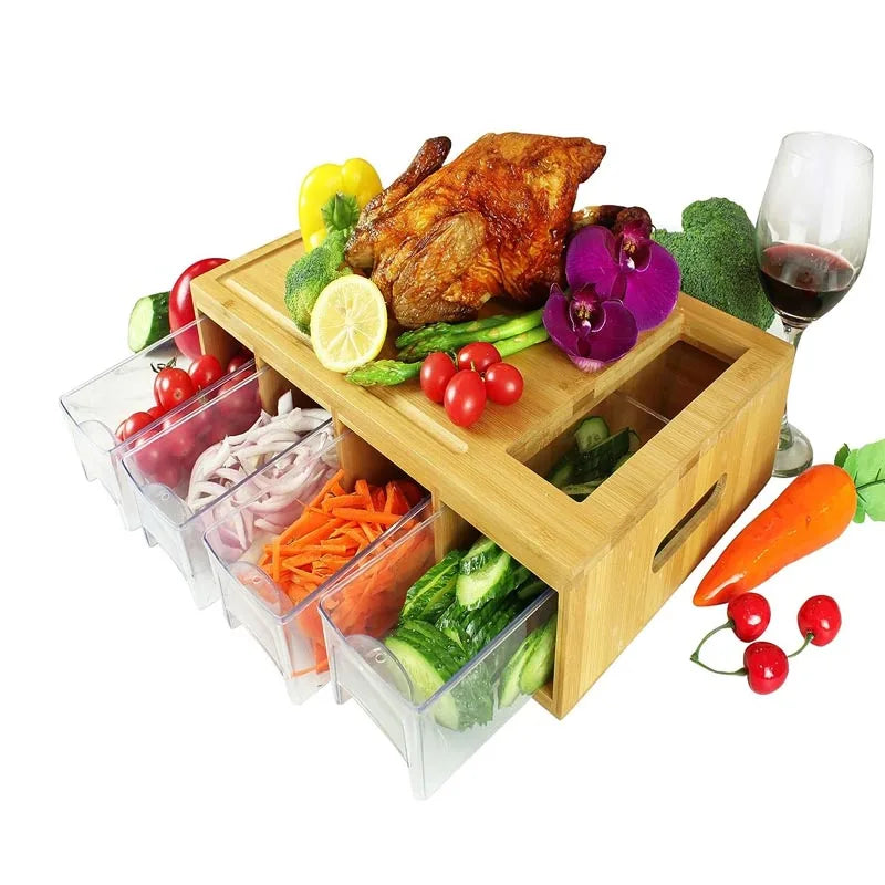 Multi-Functional Bamboo Cutting Board with 4 Drawers Prep Dishes or Storage Chopping Block