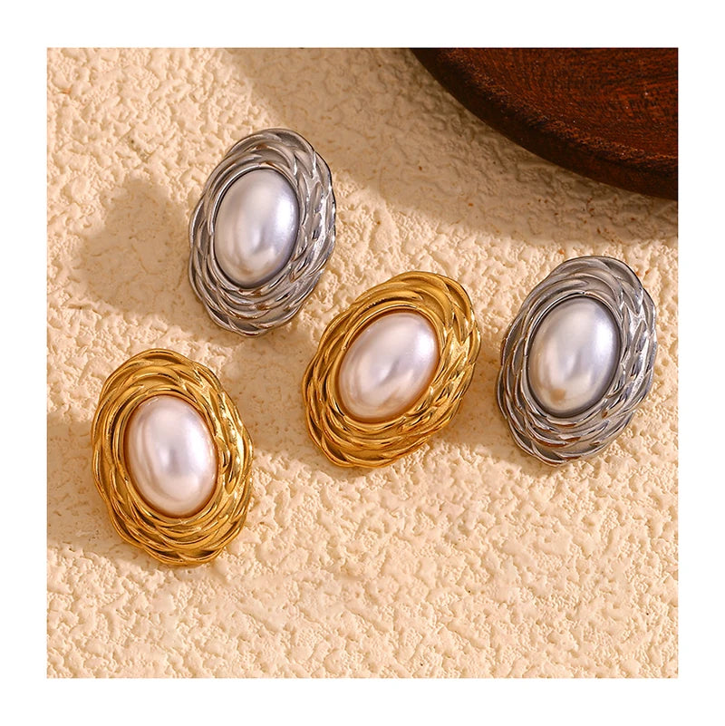 Customized Pearl Waterproof Jewelry Mother Gifts Stainless Steel Women's 18k Gold Plated Hyperbole Chunky Thread Stud Earring