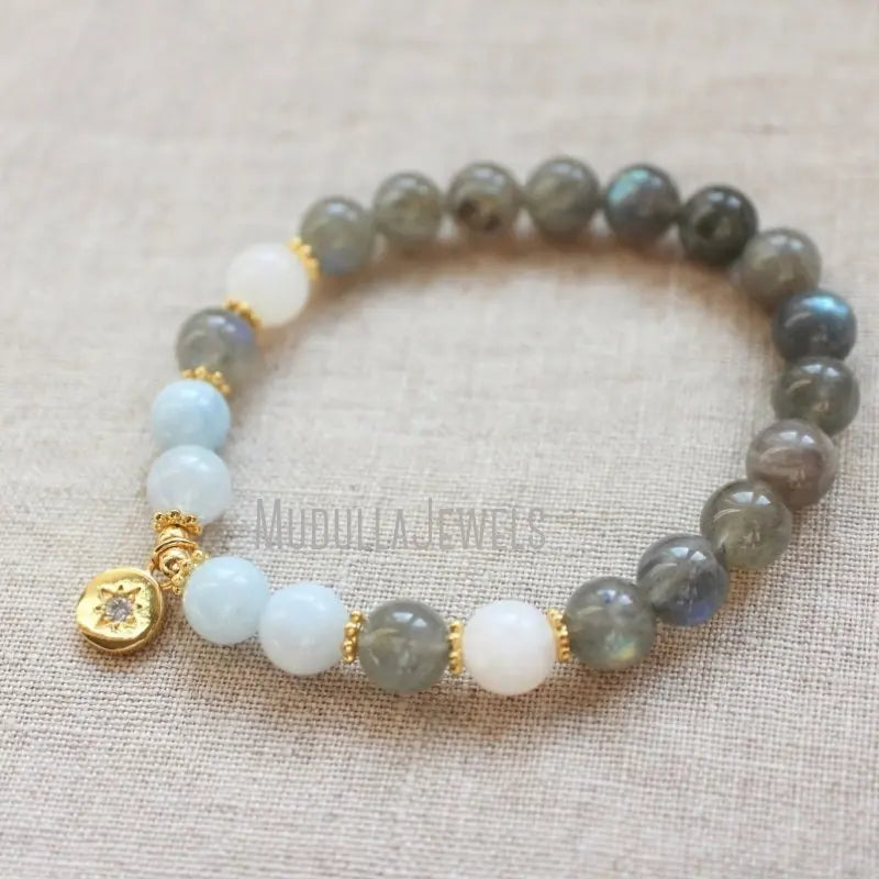 WMB44263   Natural Labradorite Beaded Stretch Bracelet Gold Plated Star Charm Healing Crystal Yoga Jewelry for Women