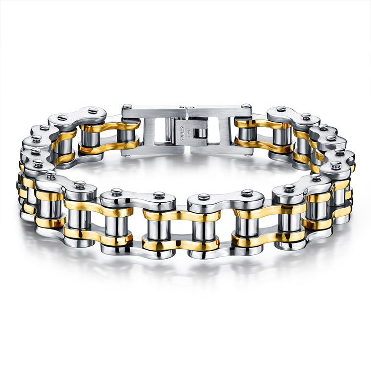 Men Stainless Steel Motorcycle Bike Chain New Designs Two Tone Color Chain Bracelet Punk Biker Jewelry