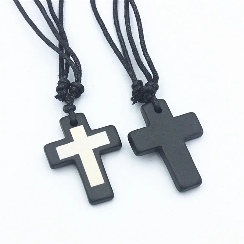 Minimalist Religious Faith Necklace Jewelry Men's Adjustable Wax Rope Black White Two Tone Cow Bone Cross Pendant Necklace Wo
