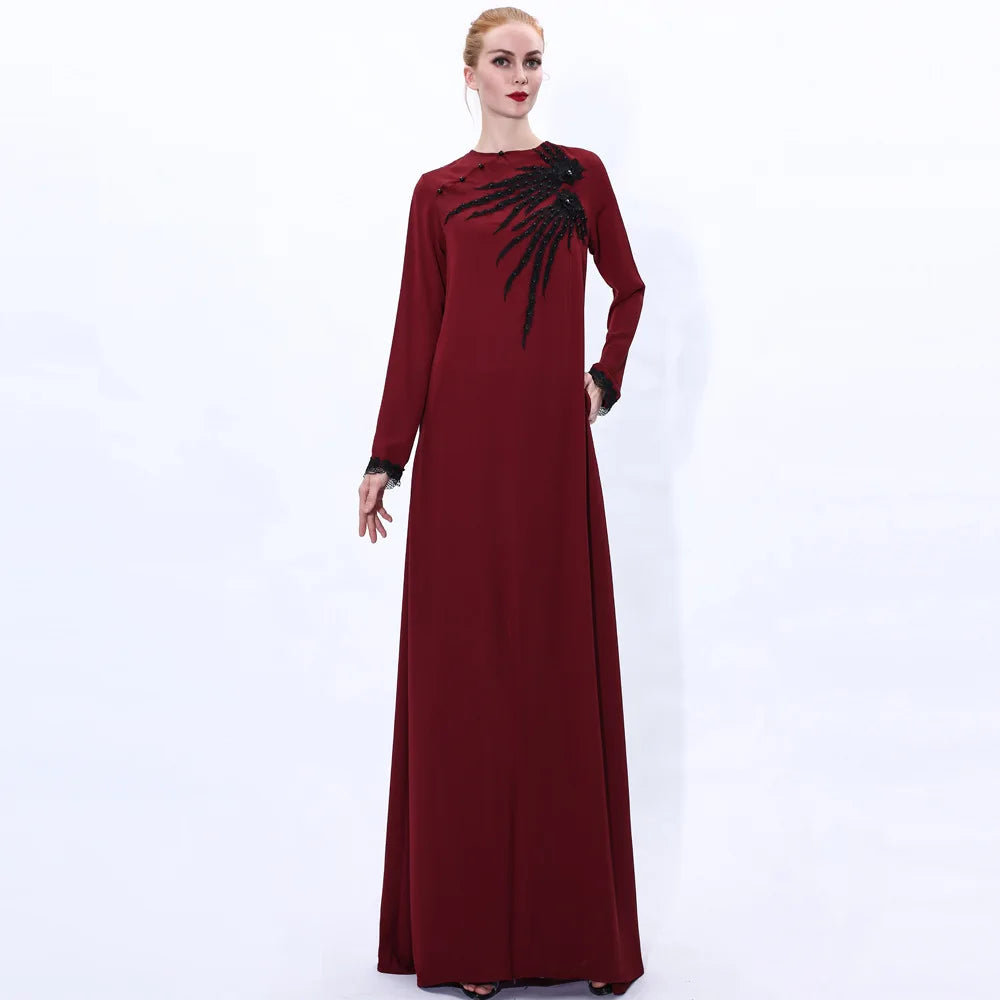Wholesale Price Lace Pearl Pattern Pure Color  Muslim Women Dress Abaya Islamic Clothing
