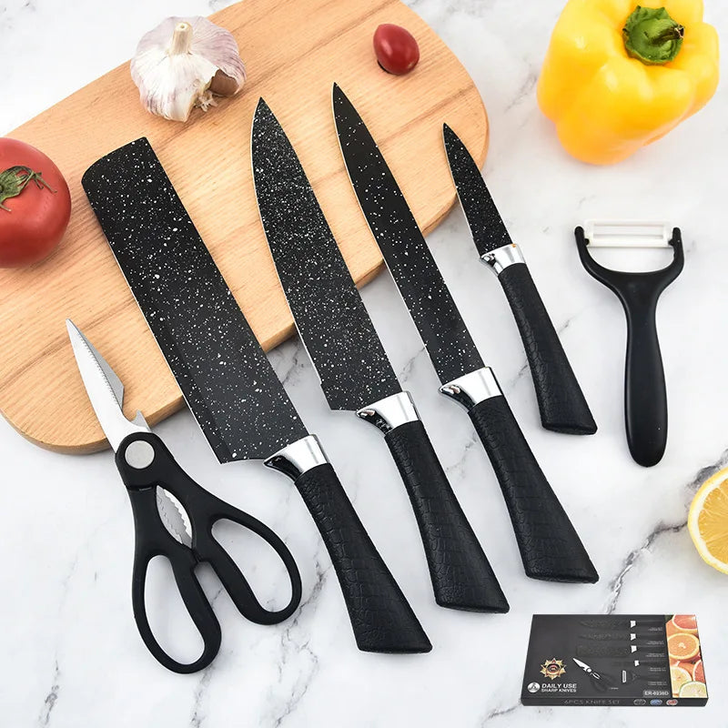 Factory Home Kitchen Chef Knife Spray Painting Knife Horseshoe Handle Starry Sky Ink Rice Stone Pattern Six Piece Set