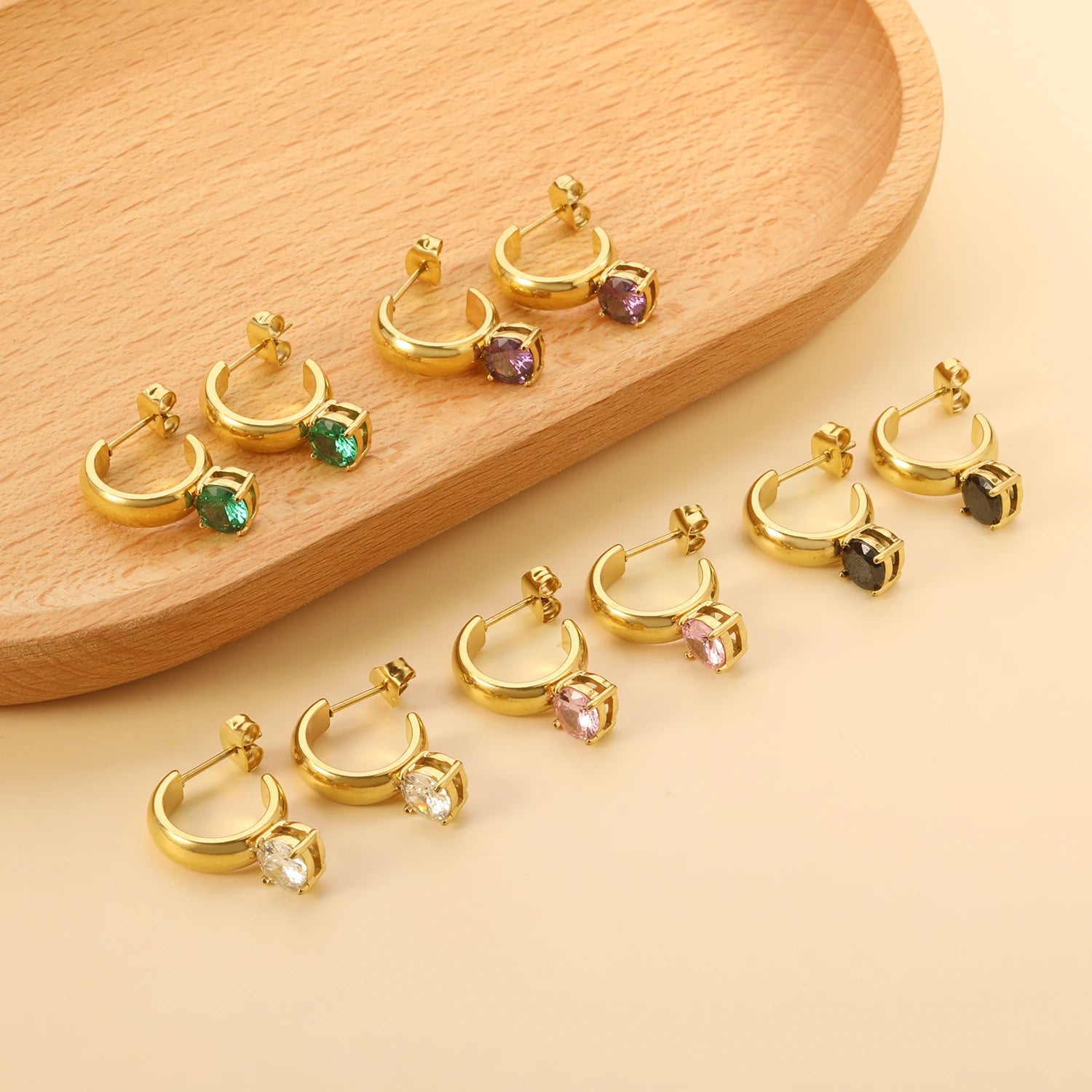 Ladies Colorful Square Zircon Earrings Wholesale Prices Hoop Earring with Stones Stainless Steel Chunky Hoop Earrings
