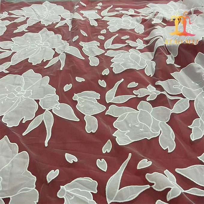 New Style 100% Polyester 3D Fancy Laser Cut Wedding Embroidered White Bridal Tulle Lace Fabric XM-BF0863