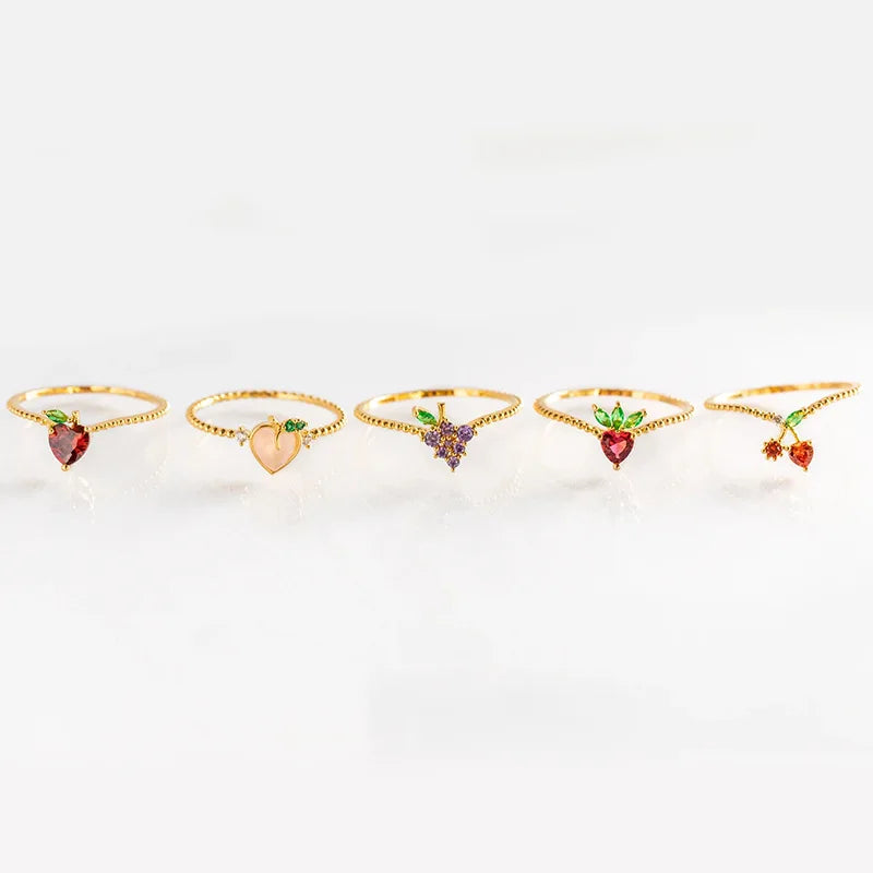 ZUOLA Trendy 18K Gold Plated Eco-friendly Brass Fruit Rings 5A Cubic Zirconia Strawberry Cherry Peach Rings for Boutiques