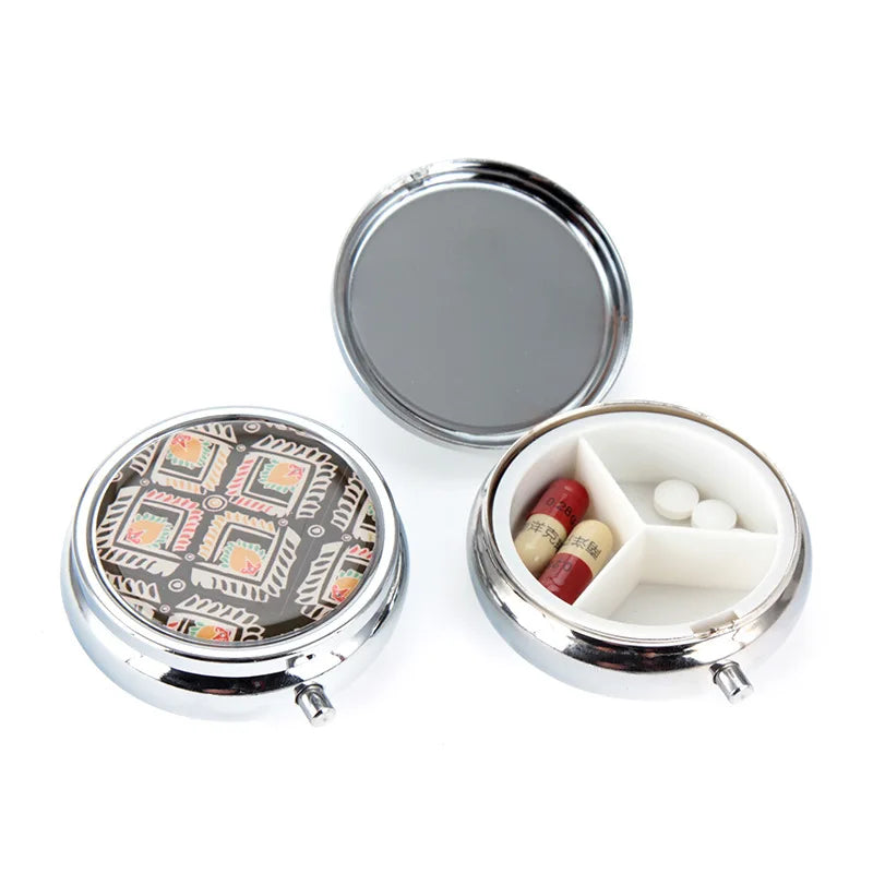 Promotional Fancy Design Round Shaped Metal Blank 3 Compartments Medicine Pill Container