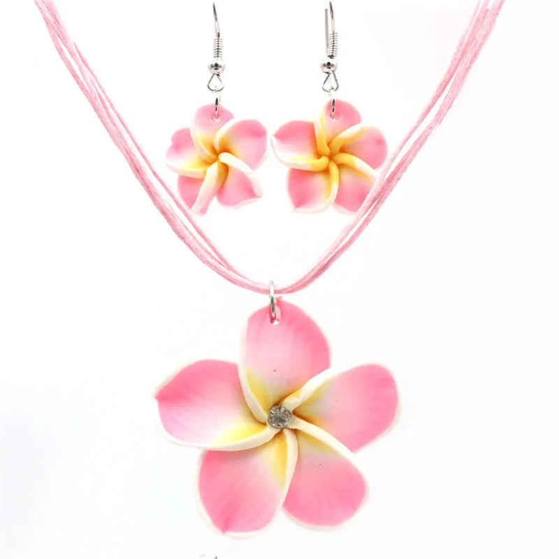 Hawaiian Colorful Polymer Clay Plumeria Necklace Earrings Jewelry Set Summer Fresh White Pink Cherry Flower Necklace Earrings