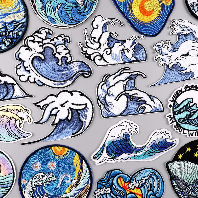 Sea Wave Embroidery Iron on Patches for Clothing Custom Patch for Jeans Fusible Appliques on Hats DIY
