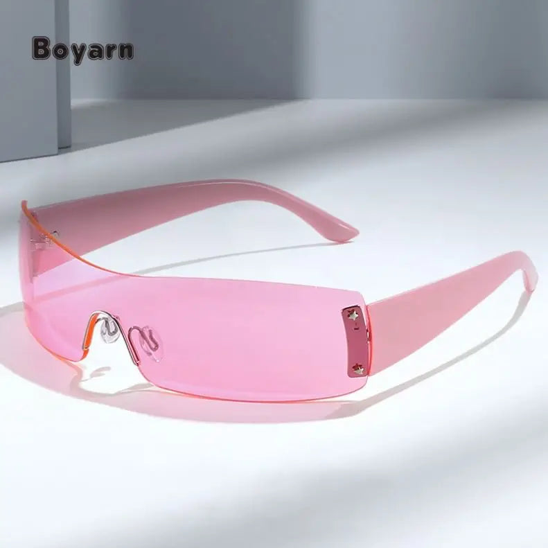 Boyarn Y2k Punk Rimless Luxury Brand Women Sun Glasses UV400 Custom Logo Men Vintage One Piece Fashion Sunglasses Gafas De So