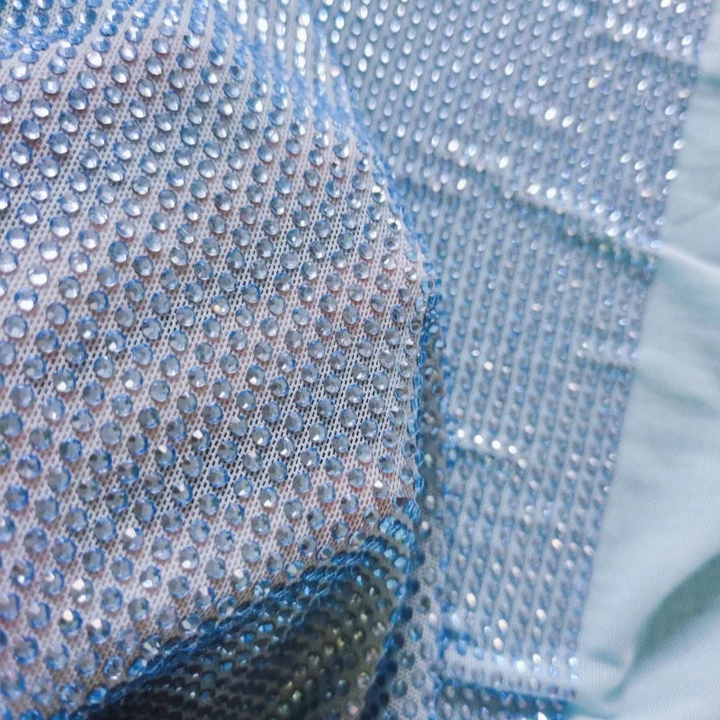 Wholesale Net Lace With Sequin 2024 Blue Light Sapphire Rhinestone Fabric for Luxury Dress