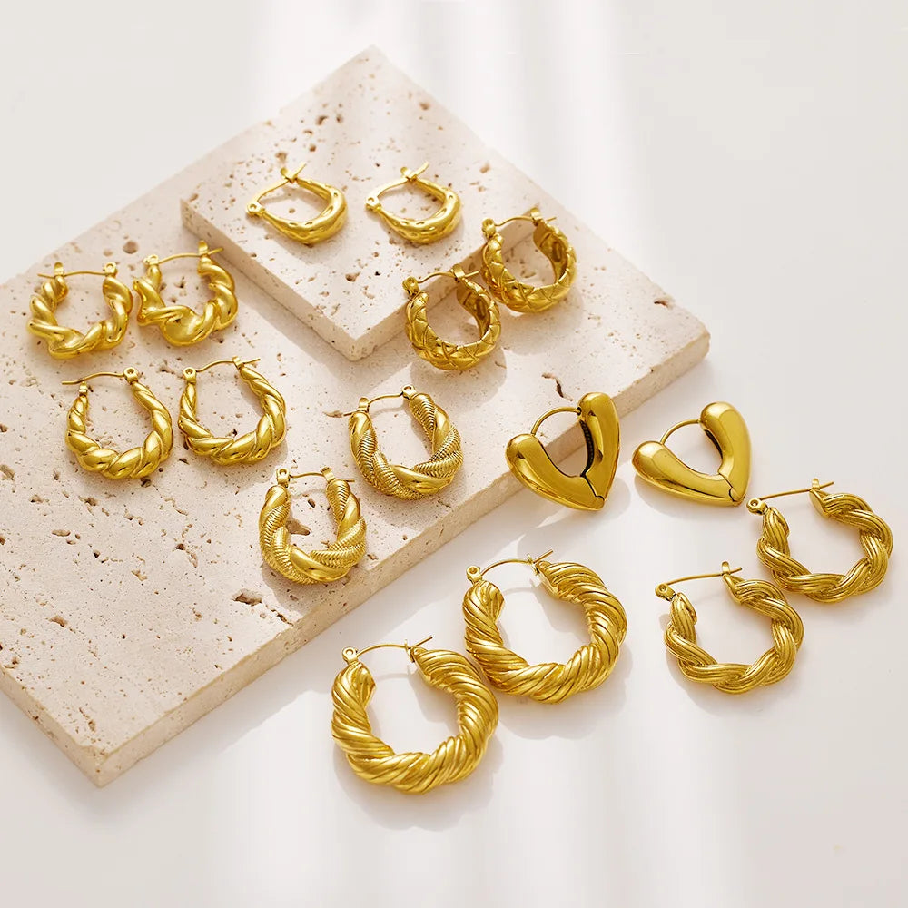 Stainless Steel Big Chunky Punk Hoop Earrings Fashion Earrings Jewelry Twist U Shape 18K Gold Plated Earring for Women