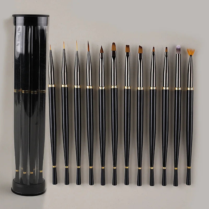 Hot Selling 12 Pcs Nylon Hair Black Handle Nail Art Brush Set Art Mermaid Personalized Gel Nail Brush