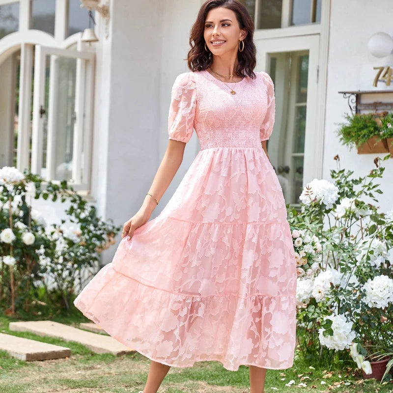New Fashionable Women's Round Neck Pleated Bubble Sleeve Layered Floral Dress