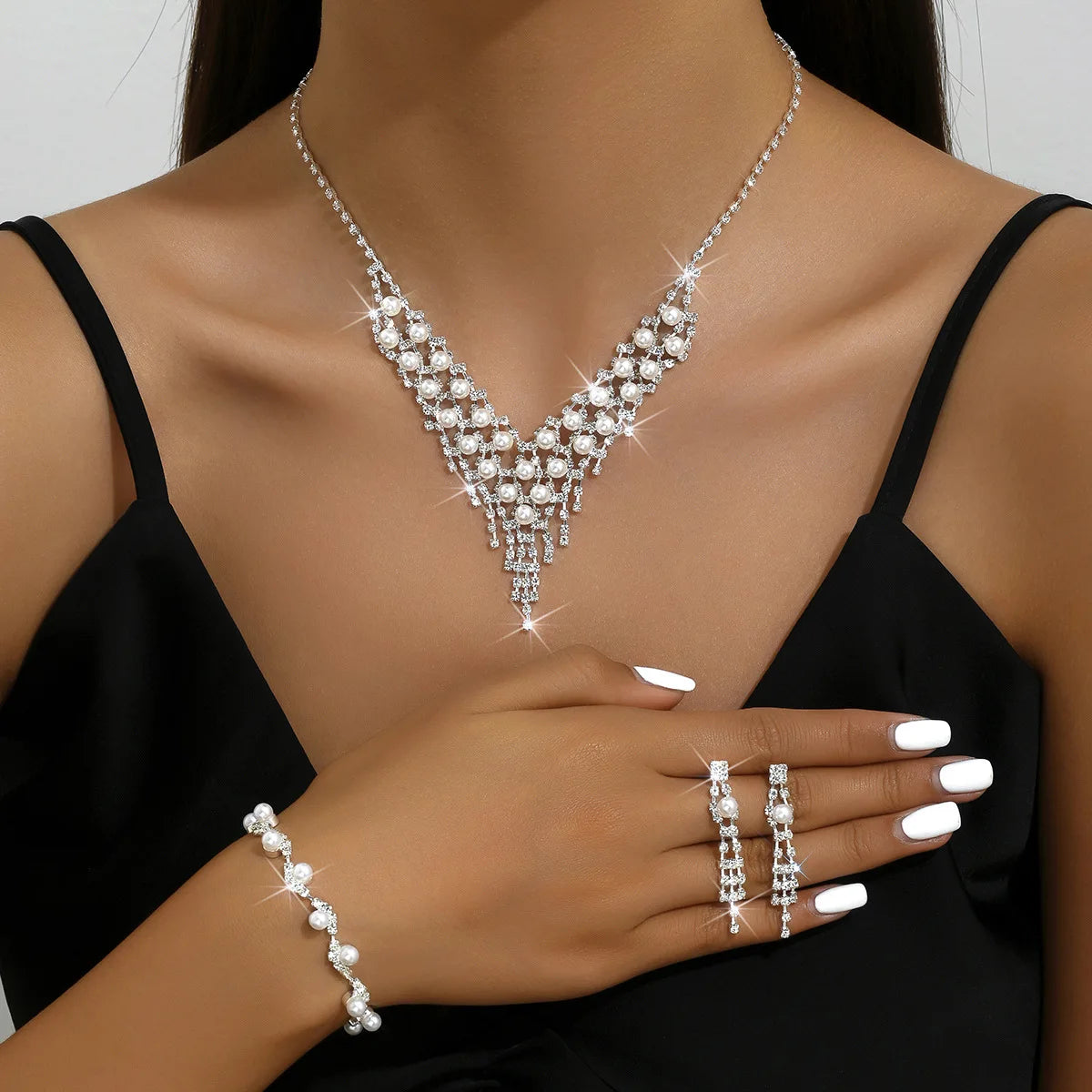 DAIHE SET-3493 New Arrival Luxury Crystal Tassel Necklace Fashion Pearl Charm Bracelet Earrings Wedding Set