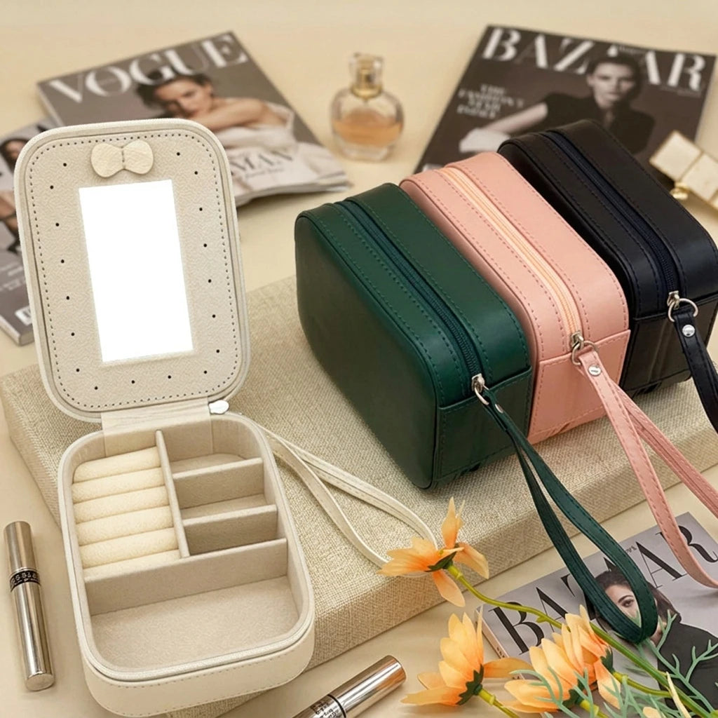 Luxurious Portable Handmade Travel Simple Style Pu Leather Jewelry Storage Box for Chain Earrings Ring with Handle