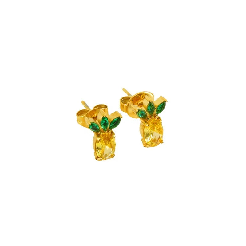 18K Gold Stainless Steel Pineapple Shape Small Cute Zircon Stone Fruit Summer Small Charm Earrings