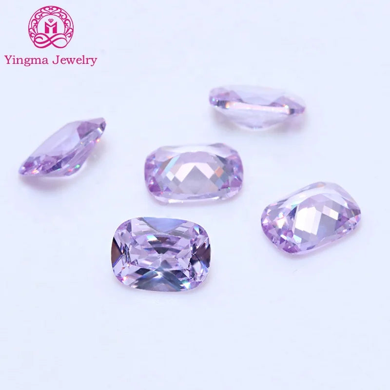 Yingma Machine Cut 4*6mm 8*10mm Cubic Zirconia Stones Artificial Lavender Color Long Cushion Shape Loose Zircon Heat Treatmen