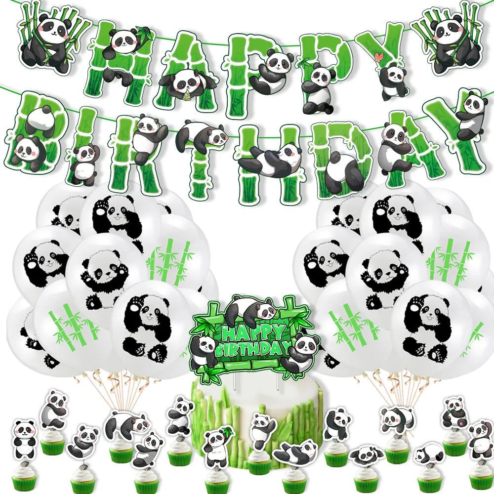 Panda Cartoon Animal Bamboo Happy Birthday Banner Cupcake Toppers Balloons Globos Birthday Party Supplies Decoration Kid
