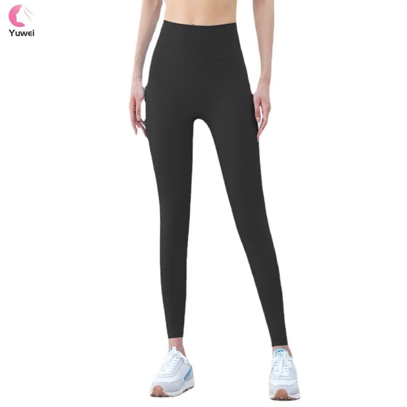 Women's High Waist Yoga Pants with Solid Pattern Tummy Control Workout Running Leggings Featuring Pockets