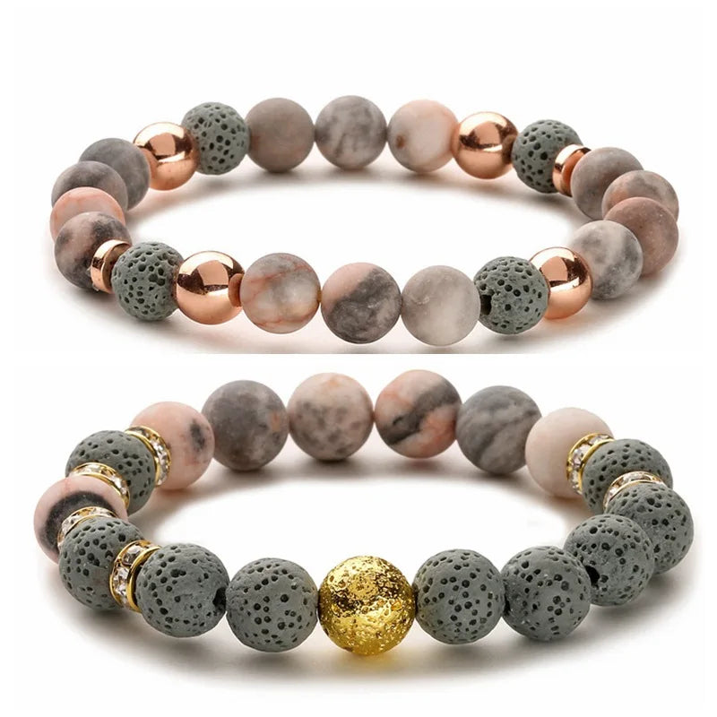 Wholesale Fashion Pink Crystals Natural Stone Beads Lava Rock Bracelet Healing Stones Bracelets for Couple Women