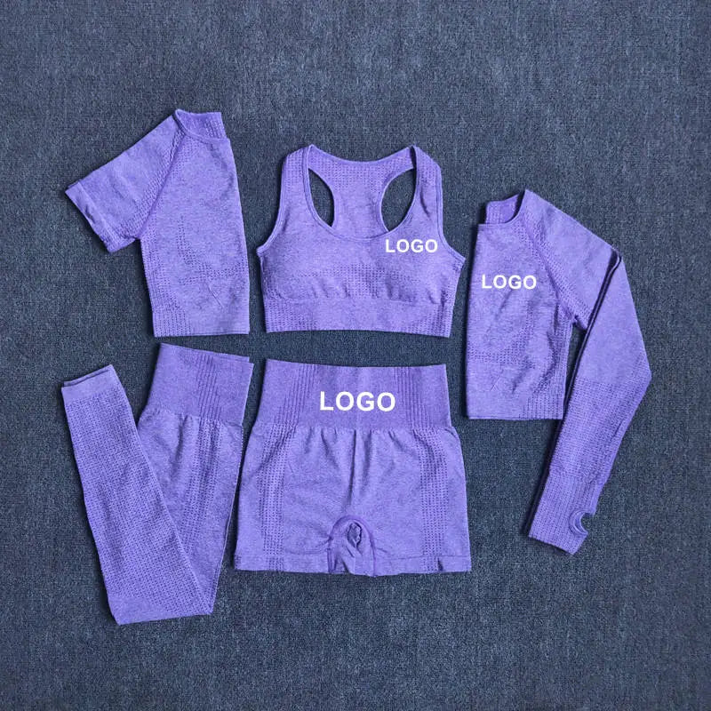 Custom Logo Seamless Gym Fitness Women Activewear Moisture Wicking Top an Leggings Workout Clothes 5 Piece Yoga Sets