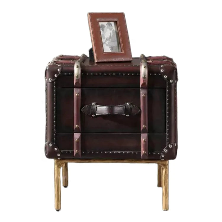 Customized Luxury European Antique Handmade Genuine Leather Cabinet Living Room Side Table Drawer Storage Home Furniture