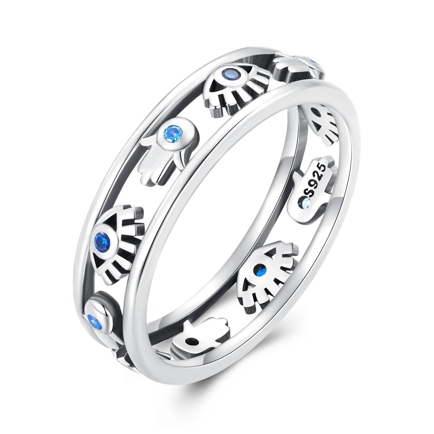 Wholesale 925 Sterling Silver Hollow-out Symbol Guardian Ring Fatima's Hand Devil Eye Finger Ring for Women Lucky Jewelry SCR
