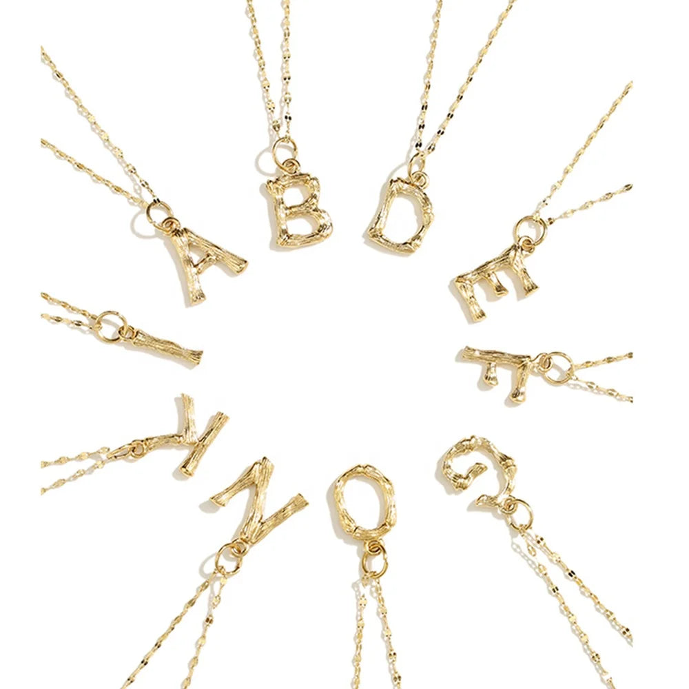 Fashion 26 Letter Bamboo Style Stainless Steel Pvd Gold Plated Initial Charms Unusual Necklace Clavicle Chain