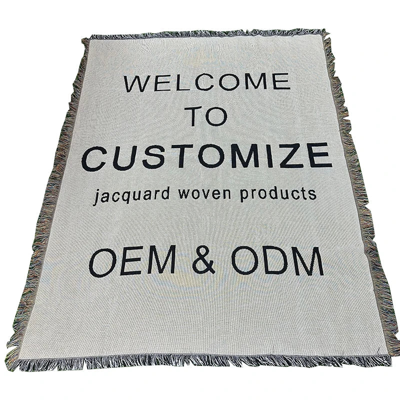 Reversible Jacquard Throw Blanket with Fringe 100% Cotton Custom Woven Outdoor Use Breathable All-Season Tapestry