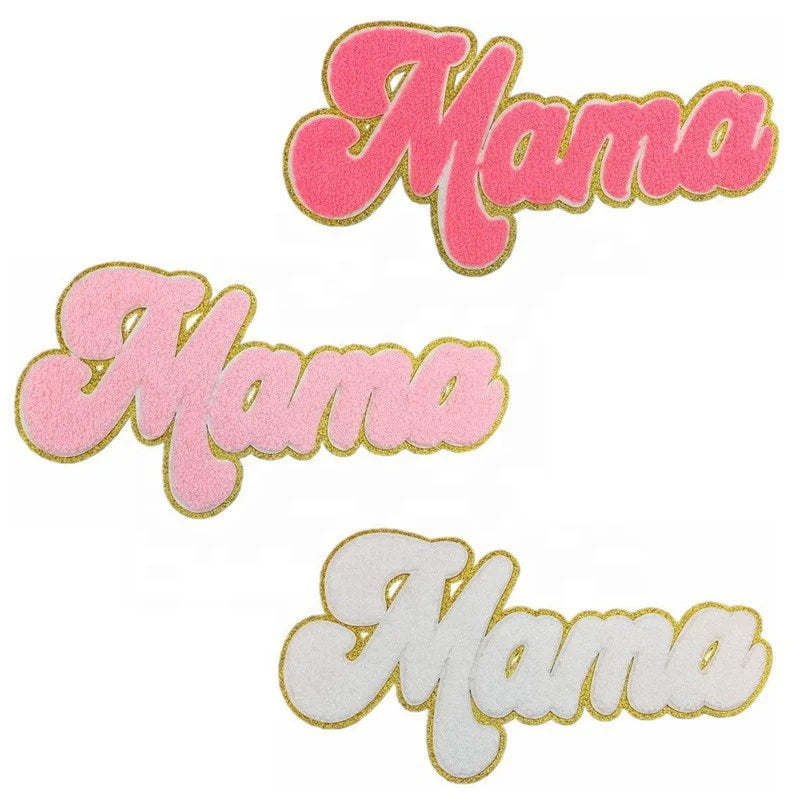 Wholesale 3D Embroidery Chenille Patch Iron on Gold Glitter Chenille Patch MAMA Embroidery Applique Patches Letter Applique