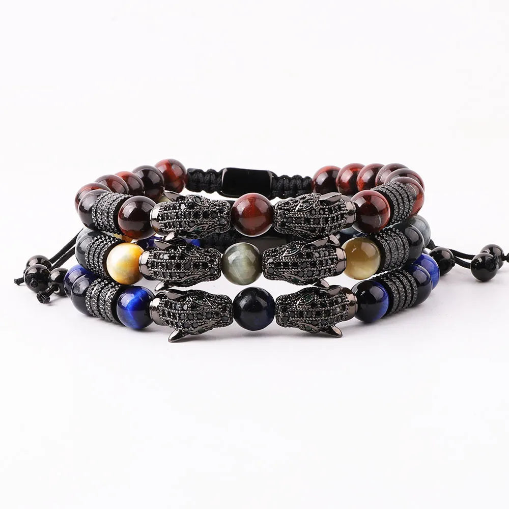 New Design Natural Stone Leopard Bracelet for Men Tiger Eye Beaded Custom Logo Macrame Adjustable Man Bracelet JBS12649