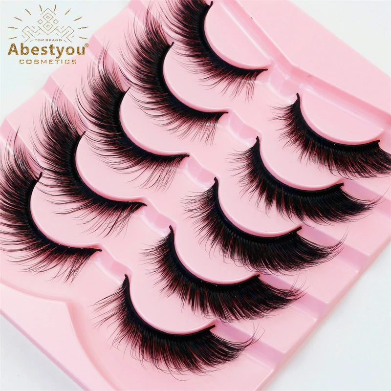 Abestyou New Fashion Trend 5 Pairs Fox Eye Winged Design Fake Soft Eyelashes Wispy Artificial Mink Lashes