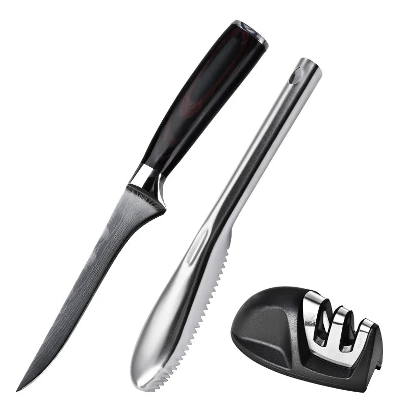 Multi-function Fishing Filet Knife Stainless Steel Thickened Belly Cut Fish Scale Scraper Kitchen Gadget with Sharpener