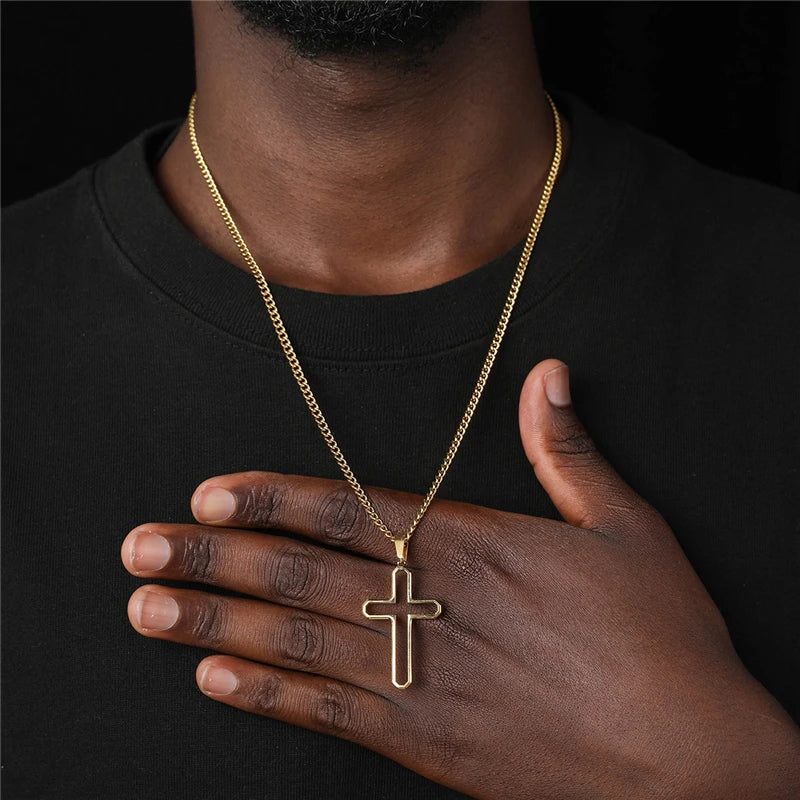 Hypoallergenic Cool Gold Cross Charm Pendant Necklace for Women Men Stainless Steel Hollow Star Link Chain for Party Weddings